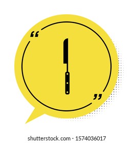 Black Barbecue knife icon isolated on white background. Kitchen knife icon. BBQ knife sign. Barbecue and grill tool. Yellow speech bubble symbol. Vector Illustration