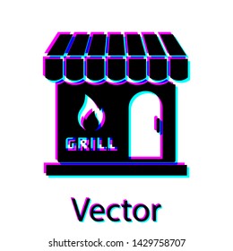 Black Barbecue shopping building or market store icon isolated on white background. BBQ grill party. Shop construction. Vector Illustration