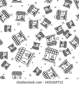 Black Barbecue shopping building or market store line icon isolated seamless pattern on white background. BBQ grill party. Shop construction. Vector Illustration