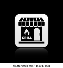 Black Barbecue shopping building or market store icon isolated on black background. BBQ grill party. Shop construction. Silver square button. Vector Illustration