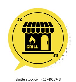 Black Barbecue shopping building or market store icon isolated on white background. BBQ grill party. Shop construction. Yellow speech bubble symbol. Vector Illustration