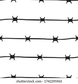 Black barbed wire isolated on a white background. Horizontal view. Seamless pattern. Hand drawn vector graphic illustration. Texture.