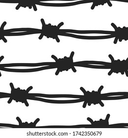 Black barbed wire isolated on a white background. Horizontal view. Seamless pattern. Hand drawn vector graphic illustration. Texture.