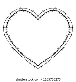 Black barbed wire vector heart form  frame. Metal fence illustration isolated on white background. Graphic military border object