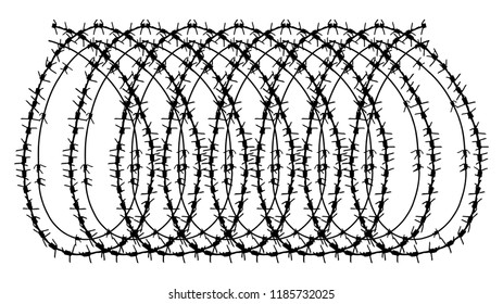 Black barbed wire vector helix frame. Metal fence illustration isolated on white background. Graphic military border object
