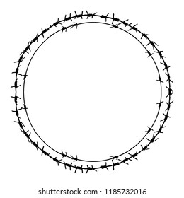 Black barbed wire vector round frame. Metal circle fence illustration isolated on white background. Graphic military border object