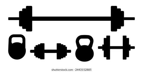 Black barbell isolated on white background. Set of weightlifting sport elements. Dumbbells set