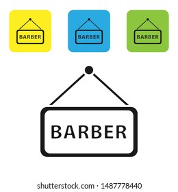 Black Barbershop icon isolated on white background. Hairdresser logo or signboard. Set icons colorful square buttons. Vector Illustration