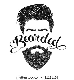 Black barbershop logo with lettering word Bearded and hand drawn haircuts and beard. Isolated  vector illustration on white background. 