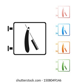 Black Barbershop with razor icon isolated on white background. Hairdresser logo or signboard. Set icons colorful. Vector Illustration