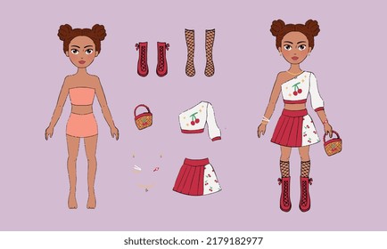 Black barbie paper doll dress up white cherry top and red skirt, briaided hair illustration for kids toys, book, craft 