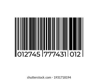 Black barcode icon. Graphic bar code sign. Product labeling, sign for scanning in supermarket. Series of vertical straight lines and numbers. Isolated shop tag, vector identification label template