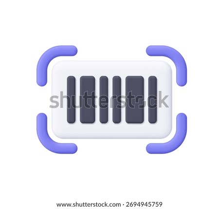 Black barcode icon with purple scanning frame corners. Product identification, digital payment, shopping, inventory and retail technology concept. 3d vector icon. Cartoon minimal style.