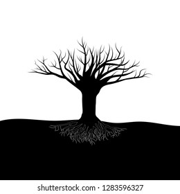 Black bare tree with roots in the ground on an empty background. Eps10