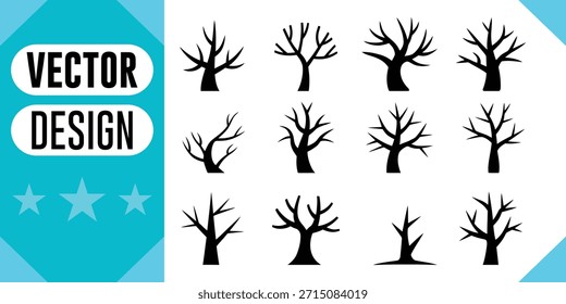 Black bare tree silhouettes graphic design elements