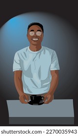 The black barista made coffee. Vector drawing where, the guy serves a cup of coffee. Concept for a coffee shop.
