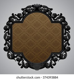 Black baroque carved beige frame with a brown ornamental background. Vector illustration