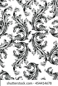 Black baroque swirls pattern on white background