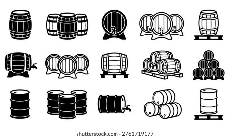 Black barrel and cask icon collection featuring various wooden and metal containers for wine, beer, or oil, presented in a clean, minimalist vector silhouette style