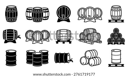 Black barrel and cask icon collection featuring various wooden and metal containers for wine, beer, or oil, presented in a clean, minimalist vector silhouette style