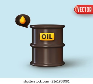 Black barrel of oil. Cartoon icon dark barrel of oil and fuel. Realistic 3d design object. Isolated element on blue background. vector illustration