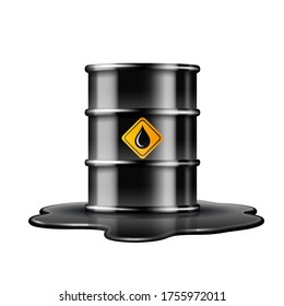 Black barrel with oil drop label on spilled puddle of crude oil. Vector illustration isolated on white background