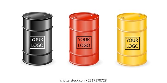 Black barrels for cruel oil or petroleum. Black Metal Oil, Fuel, Gasoline Barrel Set Isolated. Design Template of Packaging for Mockup. Vector