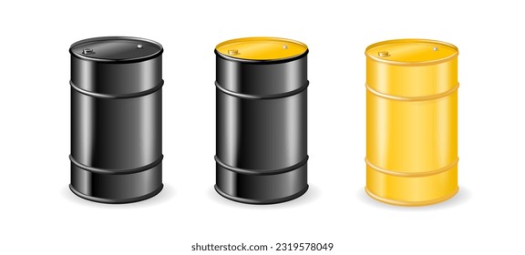 Black barrels for cruel oil or petroleum. Black Metal Oil, Fuel, Gasoline Barrel Set Isolated. Design Template of Packaging for Mockup. Vector