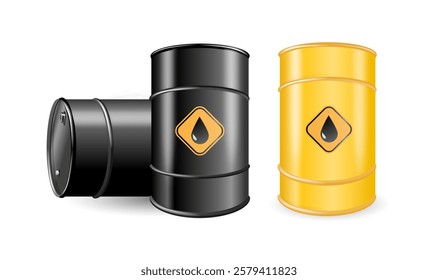 Black barrels for cruel oil or petroleum. Design Template of Packaging for Mockup. Vector