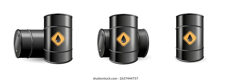 Black barrels for cruel oil or petroleum. Design Template of Packaging for Mockup. Vector