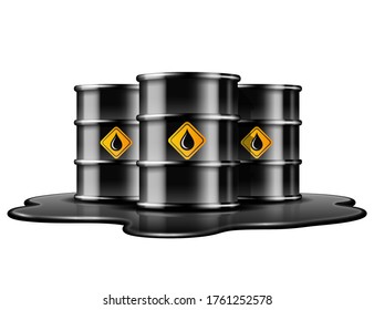 Black barrels with oil drop label on spilled puddle of crude oil. Vector illustration isolated on white background