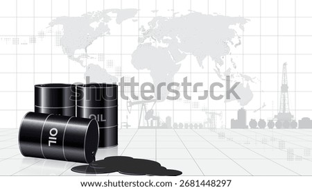 Black barrels, puddle of spilled crude oil, petroleum products. Industrial background. 3D grid, world map. Concept of falling prices, crisis, pollution. Low price. Copy space, place for text. Vector