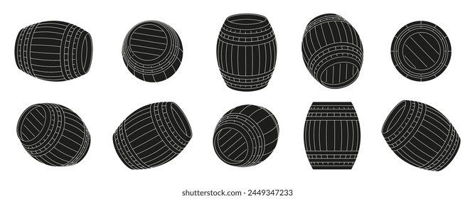 Barriles negros. Contenedores de barril de madera para el almacenamiento de alcohol, equipo de restaurante de bar de cervecería de pub, barril de dibujos animados con bebida. conjunto aislado de Vector