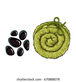 Black basalt massage stones and Top view of rolled up fluffy green towel, spa salon accessory, cartoon vector illustration on white background. Realistic hand drawing of towel roll, spa salon