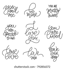 Black base hand sketched lettering typography set for Saint Valentines Day as Print, card, script, greeting card, presents. Feminine calligraphy for online website, web page, discount, coupon
