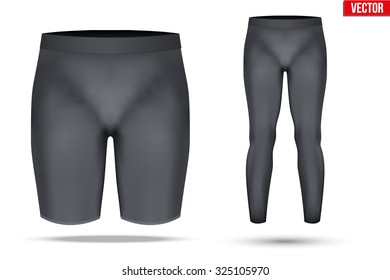 Black Base layer compression pants and shorts of thermal fabric. Sample typical technical illustration.  Vector Illustration isolated on white background