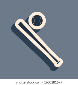 Black Baseball ball and bat icon isolated on grey background. Long shadow style. Vector Illustration