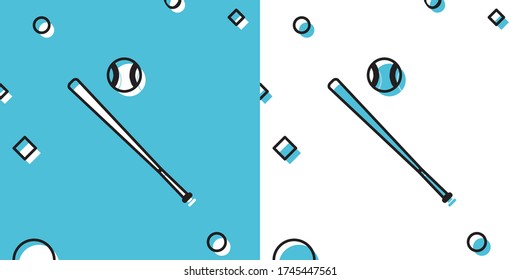 Icono de bola de béisbol negro e icono de murciélago aislado en fondo azul y blanco. Formas dinámicas aleatorias. Ilustración vectorial