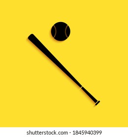 Schwarzer Baseball Ball und Fledermaus Symbol einzeln auf gelbem Hintergrund. Lange Schattenstil. Vektorgrafik.