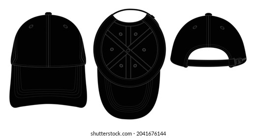 Black Baseball Cap With Adjustable Slide Buckle Plastic Zip Vector.Front, Under and Back View.