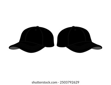 Black Baseball Cap in Angles View Front and Back Mockup Baseball Cap for Design Baseball Hat Technical Fashion Illustration Vector Cap Mockups Template Front and Back Baseball Cap Flat Sketch