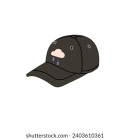 Black baseball cap with cute pattern. Headwear with visor. Sport headgear. Summer trucker hat, head accessory, clothes protect from UV, sun. Flat isolated vector illustration on white background