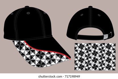 Black Baseball Cap Design With Abstract Geometric Printing On Brim Cap Pattern Vector, Strap Back With Silver Buckle. 