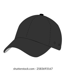 black baseball cap with detailed stitching and ventilation holes. The cap is depicted in a three-dimensional perspective, showing its curved brim and structured design.