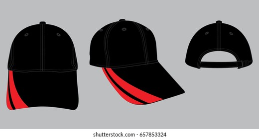 Black Baseball Cap With Double Red On Brim Cap, Adjustable Slider Plastic Buckle Zip Design On Gray Background.