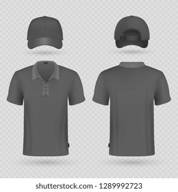 Black baseball cap and male polo t-shirt realistic vector mockup