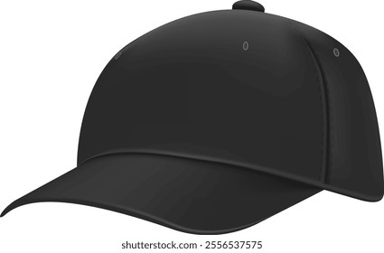 Black baseball cap positioned at a slight angle, revealing its side, ideal for mockups and displaying custom designs, logos, or branding elements in a clean, modern style