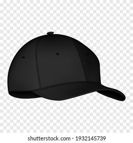 Black baseball cap. Realistic side view white baseball cap isolated on transparent background vector illustration. Design template, vector eps10 illustration.