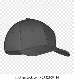 Black baseball cap. Realistic side view white baseball cap isolated on transparent background vector illustration. Design template, vector eps10 illustration.