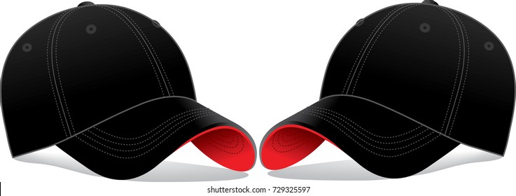Black Baseball Cap With Red Under Brim Cap Design On White Background, Perspective View.